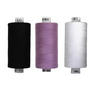 Rhapsew 3 x 1000yd Spools Pack - Coats Moon Sewing Thread Black, White & Purple (Various Shades) - Strong Polyester Thread for Sewing Machines & Hand Stitching (Black,White, M0220)