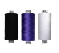 Rhapsew 3 x 1000yd Spools Pack - Coats Moon Sewing Thread Black, White & Purple (Various Shades) - Strong Polyester Thread for Sewing Machines & Hand Stitching (Black,White, M0025)