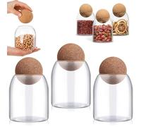 RHBLME 3 Pack Glass Storage Containers with Ball Cork, 17 Oz/500ML Glass Jar with Cork Lid, Round Cork Glass Bottle, Small Candy Jar with Wood Ball Lid for Food, Coffee, Sugar, Spice, Tea, etc