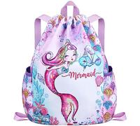 RHCPFOVR Drawstring Backpack for Kids - Unicorn Bags for Girls Gym Dance Beach Swim Travel Bag With Two Water Bottle Holder, Mermaid Girls, XL, Classic