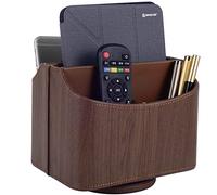 RHCSZ Brown 360 Degree Swiveling TV Remote Control Holder/Caddy, Leather Desk Organizer for Office and Home Furniture Decoration Storage Box(Dark wood grain)