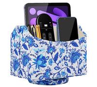 RHCSZ Leather Remote Control Holder 360°Rotatable,Bedside Nightstand Phone Caddy,Office Supplies Storage Box,Desk Organizer for TV Remote Controllers,CD,Pen,Mail,Media Player,Tablets(blue flower)