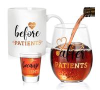 Rhdekoein Before Patients After Patients Set Nursing Gifts Coffee Mug Stemless Wine Glass 2 oz Shot Glass for Doctor's Day Pediatrician Physician Graduation Birthday Nurse Week Gifts