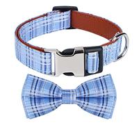 Rhea Rose Dog Collar with Bow Tie for Girl or Boy Gift Soft Durable Bowtie Blue Tartan Plaid Small