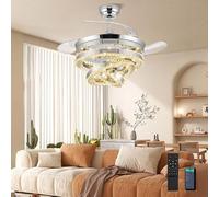 RHEAFON 42 Inch Dimmable Fandelier Crystal Ceiling Fan with Light Chandelier Ceiling Fan with APP& Remote Super Quiet 3 Color Change Timer Reversible Retractable Ceiling Fan for Bedroom Living Room