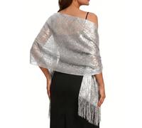 Rheane Sparkling Metallic Shawls and Wraps With Buckle for Evening Party Dresses Wedding, B. Silver (With Buckle), Large