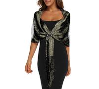 Sparkling Metallic Shawls and Wraps with Buckle for Evening Party Dresses Wedding Party, K. Black/Gold (With Black Buckle), Large