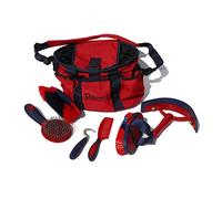 Rhinegold RED GROOMING BAG WITH KIT, 7 Pieces Equestrian Grooming Gift Set that Includes All Types of Horse Hair Brush, Curry Comb, and Hoof Pick with a Multipurpose Horse Grooming Bag