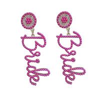 Rhinestone Beaded Bride Earrings for Women Handmade Deep Pink Ball Beads Long Wedding Statement Dangle Earring Lightweight Cute Bridal Shower Bridesmaids Bachelorette Party Accessories Jewelry