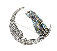 Rhinestone Brooch Cat On The Moon for Women and Girls Vintage AB Crystal Animal Kitten Crescent Moon Brooches Heavenly Lapel Pins