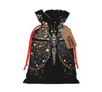 (Rhinestone butterfly) Print Christmas New Year Candy Gift Bag, Red Xmas Ribbon Drawstring Bags for Kids Xmas Holiday Eve Presents M Size