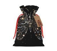 (Rhinestone butterfly) Print Christmas New Year Candy Gift Bag, Red Xmas Ribbon Drawstring Bags for Kids Xmas Holiday Eve Presents S Size