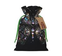 (Rhinestone butterfly) Printed Christmas S Size Gift Bags with Green Ribbon Drawstring Candy Bags for Kids Xmas Holiday Christmas Eve Presents