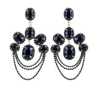Rhinestone Chandelier Drop Earring, Blue Crystal Statement Dangles, Elegant Glam Style for Weddings, Parties & Evening Events (Black)