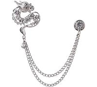 Rhinestone Chinese Dragon Brooch Pin Shirts Collar Chain Sweater Clip Collar Clip Lapel Pin with Double Chain Collar Pin, Metal, alloy