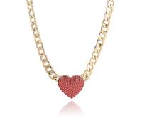 Rhinestone Chunky Heart Necklace Sparkling Red Crystal Link Cuban Chain Love Chunky Pendant Necklace Punk Hip Hop Style Necklaces Zirconia Heart Statement Necklace for Men and Women, L, Copper, No