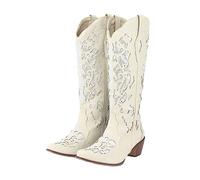 Rhinestone Cowboy Boots for Women Low Heeled Wide Calf Western Cowboy Boots Wide Mid Calf Pointed Toe Cowboy Boots with Zipper Retro Long Boots Fall Winter Boots for Sexy Party Occasion White