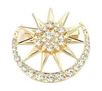 Rhinestone Cresent Moon Star Brooch - Sparkling CZ Crystal Lapel Pin 4.8cm, Elegant Hat Bag Dress Accessory, Lightweight Fashion Trendy Celestial Jewellery Gift for Women Men (Gold-tone)
