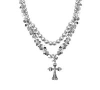 Rhinestone Cross Pendant Gray Pearl Beaded Chain Choker Necklace Set for Women 2 PCS Stacked Fashion Vintage Y2k Silver Sequin Beads Charm Layered Necklaces Statement Faith Protection Jewelry