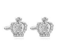 Rhinestone Crown Pair Cufflinks for Men Women Crystal 3D Tie Bar Clips Cuff Links Elegant Jewelry Gift Christmas Wedding Birthday Valentine Dress Accessories, Silver-Toned, 0.8 Inches X 0.6 Inches