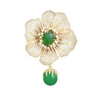 Rhinestone CZ Flower Brooch for Women Men, Faux Jade Green Dangle Floral Jewellery - 6.3cm Statement Lapel Pin, Wedding Party Gift, Banquet Clothes Dress Shirt Accessories (Gold)