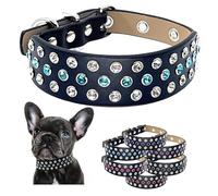 Rhinestone Diamond Designer Dog Collar - Fancy Luxury Microfiber Leather Sparkly Cute Bling Studded Adjustable Length for All Breeds Size S M L (Medium 13"-17", Aquamarine Blue | Clear White Crystals)