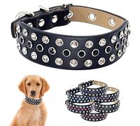 Rhinestone Diamond Designer Dog Collar - Fancy Luxury Microfiber Leather Sparkly Cute Bling Studded Adjustable Length for All Breeds Size S M L (Small 10"-14", Black | Clear White Crystals)