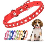 Rhinestone Dog Collar Cute Crystal Diamond Cat Collar Soft Leather Kitten Puppy Collars Adjustable for Small Medium Dogs，Red：M