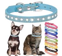 Rhinestone Dog Collar Cute Crystal Diamond Cat Collar Soft Leather Kitten Puppy Collars Adjustable for Small Medium Dogs Blue M