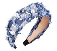 Rhinestone Embellished Denim Wide Headband for Women and Girls Blue | High Crown Design, Comfortable Nonslip Elastic Fit, Party Wear and Everyday Hair Accessory