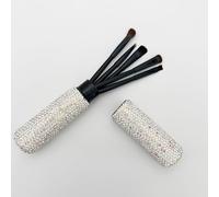 Rhinestone Eye Makeup Brush Set, Portable Travel Size with Bling Crystal Case, Black Handles (White)