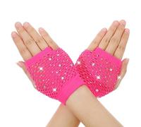 Rhinestone Fishnet Gloves Fingerless for Women Girls, Sparkly Short Mesh Net Arm Sleeves Warmers, 80s 90s Punk Emo Gothic Y2K Fashion Accessories for Halloween Cosplay Party Concert Costumes(Hot Pink)