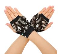 Rhinestone Fishnet Gloves Fingerless for Women Girls, Sparkly Short Mesh Net Arm Sleeves Warmers, 80s 90s Punk Emo Gothic Y2K Fashion Accessories for Halloween Cosplay Party Concert Costumes (Black)