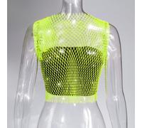 Rhinestone Fishnet Top Women Short Sleeve Vest Black