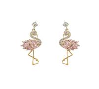 Rhinestone Flamingo Dangle Drop Earrings for Women 925 Sterling Silver Posts Gold Plated Cute Sparkling Crystal Pink Tropical Bird Animal Statement Dangling Studs Hawaiian Summer Beach Fashion Jewelry