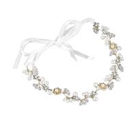 Rhinestone Flower Leaf Headband, Inlaid Rhinestones Faux Pearl Pendant, Wedding Bridal Hair Accessories with Ribbon, Eco Friendly Alloy Material for Bride