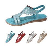 Rhinestone Glitter Flat Sandals for Women size 6.5 T-Strap Bohemian Crystal Comfort Elastic Strap Open Toe Slip-On Casual Walking Sandals Wedding Bridal Prom Sparkly Bling Dress Sandal Blue Ladies