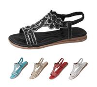 Rhinestone Glitter Flat Sandals for Women size 6 T-Strap Bohemian Crystal Comfort Elastic Strap Open Toe Slip-On Casual Walking Sandals Wedding Bridal Prom Sparkly Bling Dress Sandal Black Ladies