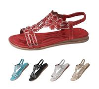 Rhinestone Glitter Flat Sandals for Women size 6 T-Strap Bohemian Crystal Comfort Elastic Strap Open Toe Slip-On Casual Walking Sandals Wedding Bridal Prom Sparkly Bling Dress Sandal Red Ladies