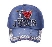 Rhinestone Hats,I Love Jesus Design Womens Baseball Cap Adjustable Cowboy Sports Cap Jeans Wash Denim Golf Hat