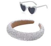 Rhinestone Headband & Heart Sunglasses Set of 2 - Elegant Bridal Shower & Hen Party Accessory Set (Silver/White)