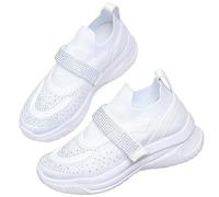 Rhinestone Knit Belt Sneakers for Women, Sparkly Glitter Platform Wedge Trainers Fashion Breathable Walking Tennis Shoes (White,4)