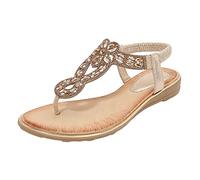 Rhinestone Ladies Sandals Womens Flat Thong Sandals Clip Toe Flat Sandal Slip On T-Bar Slippers With Elastic Strap Vacation Walking Flip Flops With Boho Style Diamante Beaded Strap Sandal