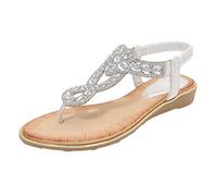 Rhinestone Ladies Sandals Womens Flat Thong Sandals Clip Toe Flat Sandal Slip On T-Bar Slippers With Elastic Strap Vacation Walking Flip Flops With Boho Style Diamante Beaded Strap Sandal