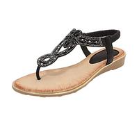 Rhinestone Ladies Sandals Womens Flat Thong Sandals Clip Toe Flat Sandal Slip On T-Bar Slippers With Elastic Strap Vacation Walking Flip Flops With Boho Style Diamante Beaded Strap Sandal