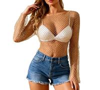 Rhinestone Mesh Crop Top,Glitter Sparkly Sexy Sheer Tops for Women,Long Sleeve Fishnet Shirt Rave Festival Concert