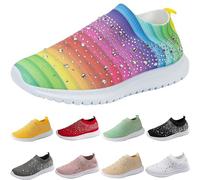 Rhinestone Mesh Slip On Walking Shoes,Womens Slip On Trainers Platform,Breathable Knit Mesh Sneaker One Step With Anti Slip Absorb Shock Cushioned Sole Lightweight Shoes For Jogging Running Fitness