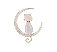Rhinestone Moon Cat Brooch Pin for Women Girls Gold Plated Fashion Delicate Moonstone Animal Kitten Brooches Lapel Pins Dainty Cute Christmas Birthday Holiday Jewelry Gift for Daughter Niece