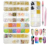 Rhinestone Nail Decoration Kit - 5 Boxes of Sparkly Nail Charms & Nail Gems, Complete Nail Stuff Set with Tweezers & Dotting Pen, Perfect Nail Gems for Nail Art at Home or Salon