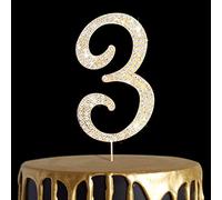 Rhinestone Number Cake Topper 3, UNIIDECO Gold Rhinestone Premium Metal Bling Bling Cake Decor, Sparkly Happy Birthday Wedding Anniversary Party Decoration Centerpiece (Gold, 3)